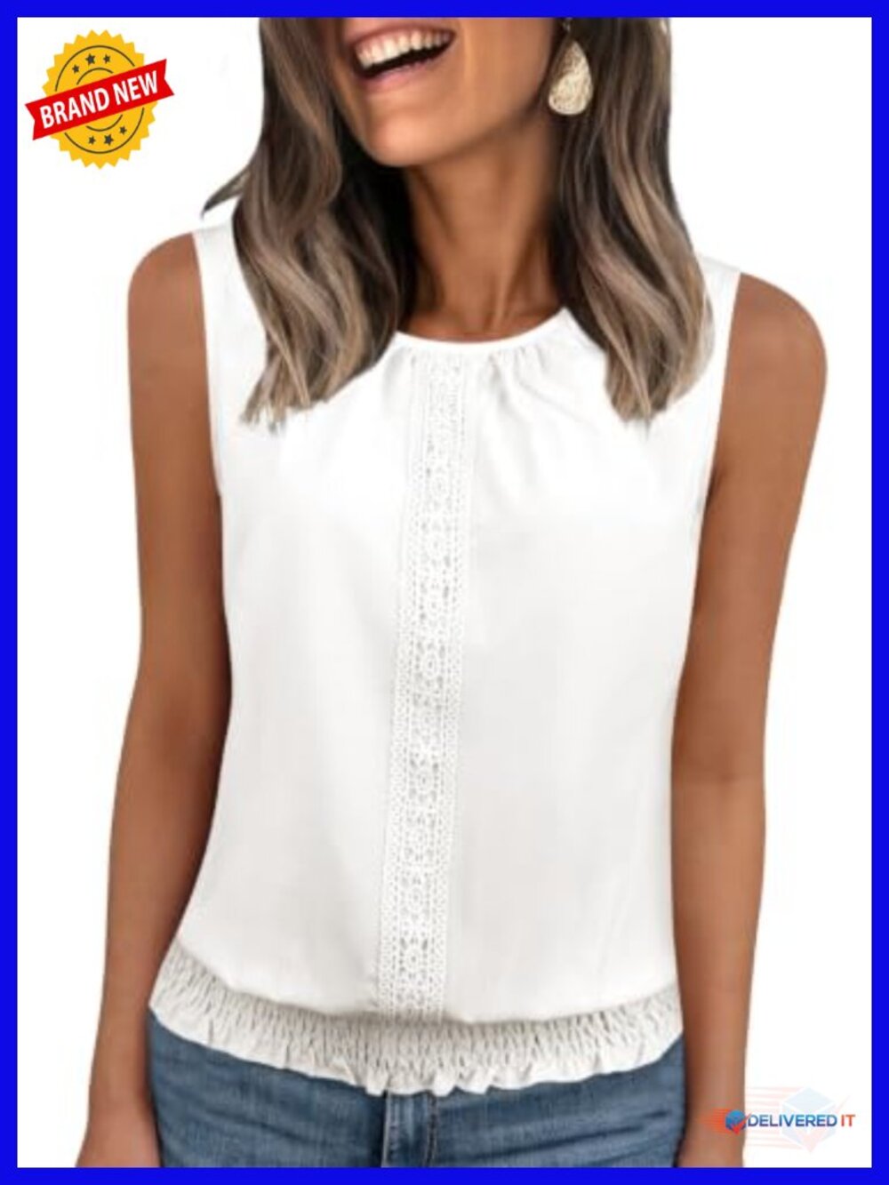 Women's Sleeveless Pleated Blouse Tank Top Crochet Lace Crewneck Smocked Hem